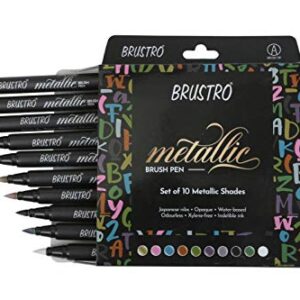 BRUSTRO Metallic Brush Marker Pens | Set of 10 Metallic Shades | Japanese Nibs, Soft Brush Tip, Indelible Ink, Suitable for Calligraphy, Hand Lettering, Colouring, Scrapbooking, Card Making Craft